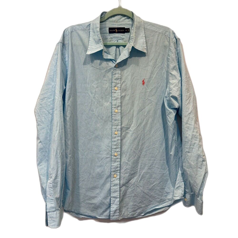 Ralph Lauren Button Down Shirt Gingham Check Cotton Blue Preppy Polo Men sz XL